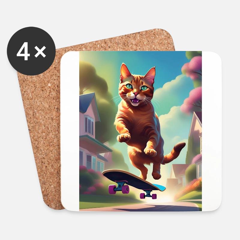 Katze Skateboaring - Untersetzer (4er-Set) - Weiß