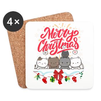 Chat mignon de Noël - Cute christmas cat - Dessous de verre (lot de 4) - blanc - Devant