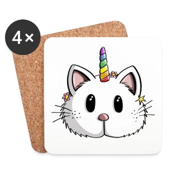 Drôle de chat licorne arc-en-ciel de Kawaii - Caticorn - Dessous de verre (lot de 4) - blanc - Devant