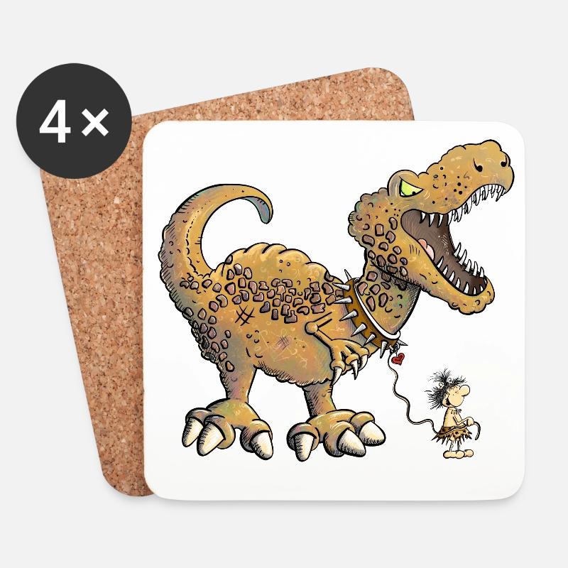 Urzeit Mensch Geht Mit Dino Gassi I Dinosaurier - Untersetzer (4er-Set) - Weiß