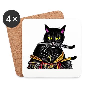 Chat samouraï avec une armure dorée - Dessous de verre (lot de 4) - blanc - Devant