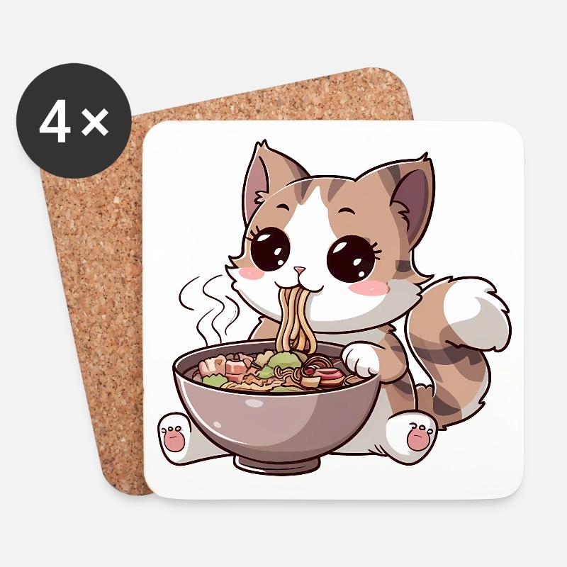Kawaii Katze isst Ramen - Untersetzer (4er-Set) - Weiß