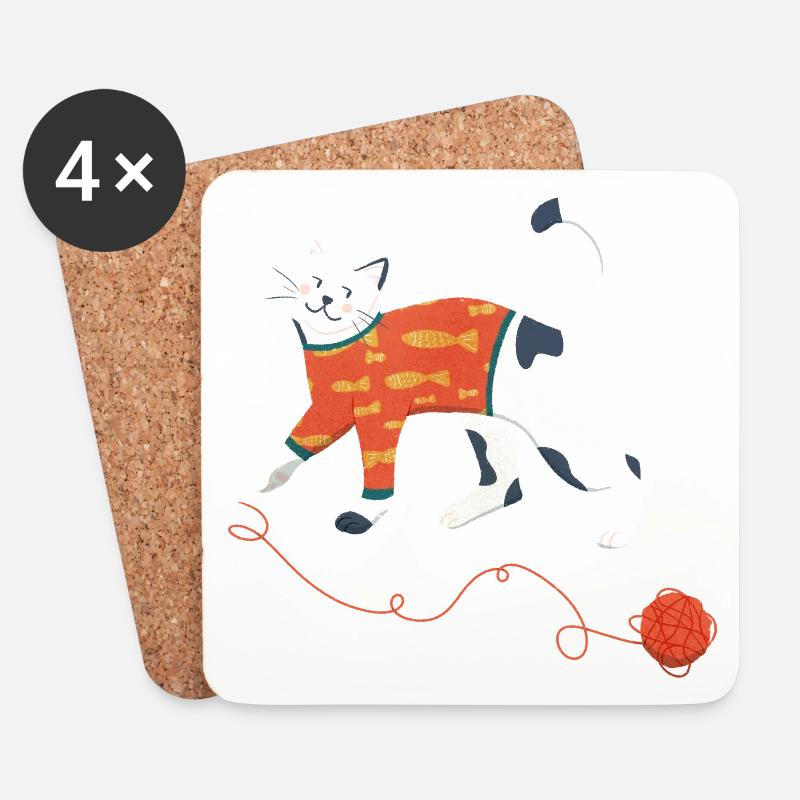 Katze im Pullover spielt mit einem Wollknäuel - Untersetzer (4er-Set) - Weiß