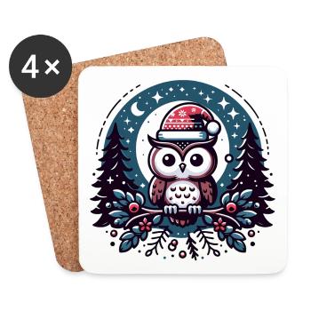Cute owl with Santa hat sitting on a branch - Coasters (set of 4) - white - Front