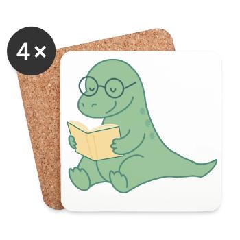 Lese Dino mit Brille – süßer Bücherfreund - Untersetzer (4er-Set) - Weiß - Vorne