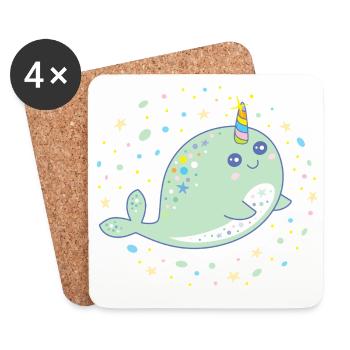 Cute Narwhal Whale Unicorn Kawaii Pastel Colors - Coasters (set of 4) - white - Front