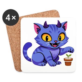 Blauer Katzenkobold mit Pflanze - Untersetzer (4er-Set) - Weiß - Vorne