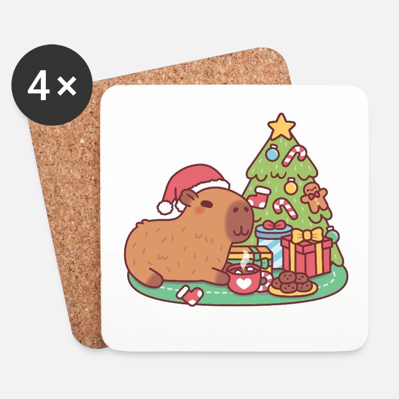 Niedliche Kapybara entspannt sich in der Nähe des Weihnachtsbaums - Untersetzer (4er-Set) - Weiß
