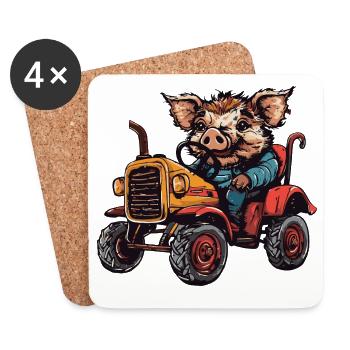 Pig Tractor Farmer Wild Boar - Coasters (set of 4) - white - Front