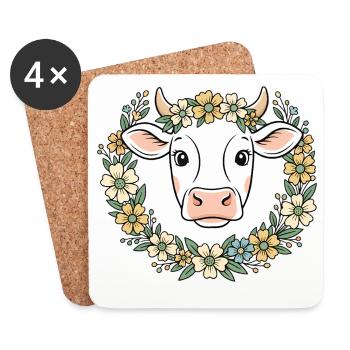 Kuh Blumenkranz Boho Frühling Vektor - Untersetzer (4er-Set) - Weiß - Vorne