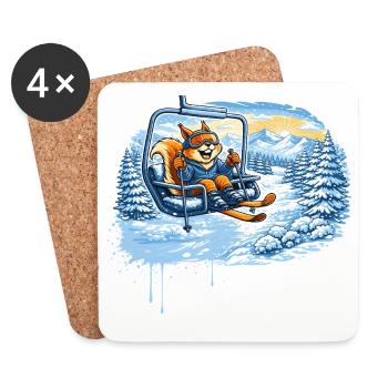 Funny squirrel in the ski lift – winter fun motif - Coasters (set of 4) - white - Front