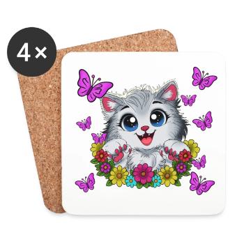 Cat kiss in a floral wreath - Coasters (set of 4) - white - Front