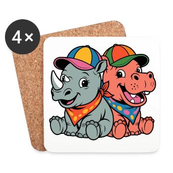 Animal duo with colorful caps - Coasters (set of 4) - white - Front
