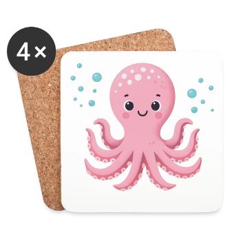 Pink Octopus with Bubbles - Coasters (set of 4) - white - Front