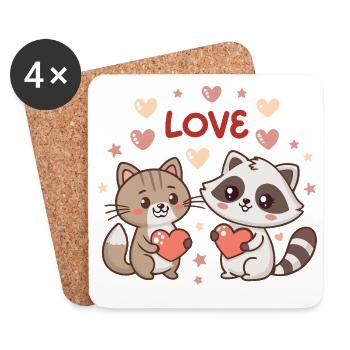 Cat and Raccoon Duo Lovers Kawaii - Coasters (set of 4) - white - Front