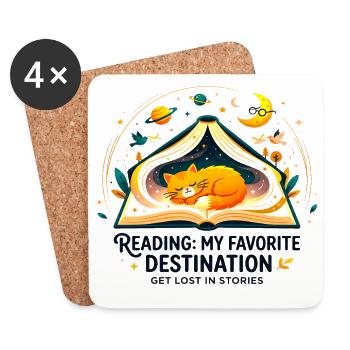 Reading_Cat_Favorite_Destination - Coasters (set of 4) - white - Front