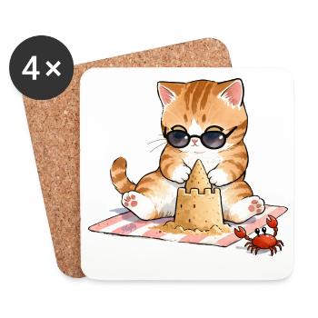 😸 🏖 Chat à la plage avec château de sable - Dessous de verre (lot de 4) - blanc - Devant