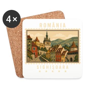 Rumänien Sighișoara Vintage Reisemarke - Untersetzer (4er-Set) - Weiß - Vorne