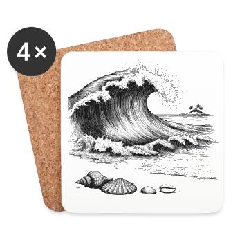 Grosse vague océanique avec île à palmiers et coquillages - Dessous de verre (lot de 4) - blanc - Devant