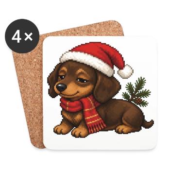 Dackel Weihnachtshut Weihnachts-Pixelkunst - Untersetzer (4er-Set) - Weiß - Vorne
