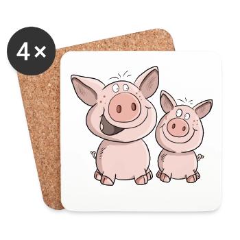 Deux petits cochons dans le bonheur I Cartoon Pigs - Dessous de verre (lot de 4) - blanc - Devant