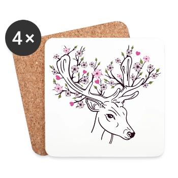 Hirschgeweih Hirsch Blüten Blumen Floral Frühling - Untersetzer (4er-Set) - Weiß - Vorne