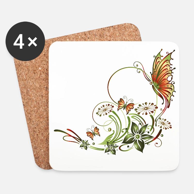 Schmetterlinge mit floralen Elementen - Untersetzer (4er-Set) - Weiß