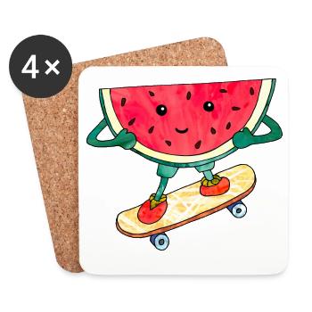 Skater Melone Skateboard süße coole Illustration - Untersetzer (4er-Set) - Weiß - Vorne