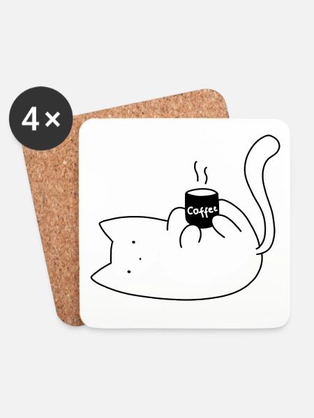Cat Holding a Coffee Mug - Sticker - Coasters (set of 4) - white