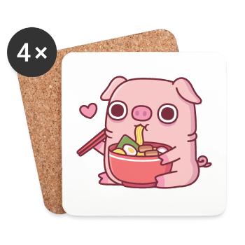 Mignon Chubby Piggy mangeant des nouilles ramen japonaises - Dessous de verre (lot de 4) - blanc - Devant