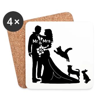 Newlyweds with dog, cat and rabbit getting married - Coasters (set of 4) - white - Front