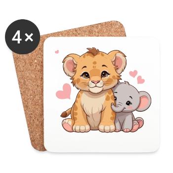 Bébé lion et bébé éléphant – Motif de l’amitié douce - Dessous de verre (lot de 4) - blanc - Devant