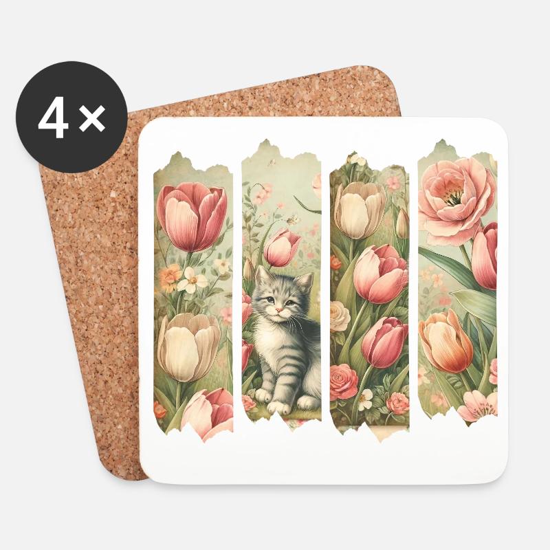 Frühlingszauber mit Kätzchen und Tulpen - Untersetzer (4er-Set) - Weiß
