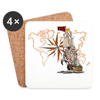 Sailing ship in front of world map - Coasters (set of 4) - white - Front
