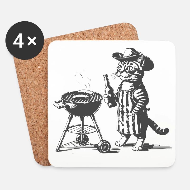 Grillkatze mit Flasche - Untersetzer (4er-Set) - Weiß