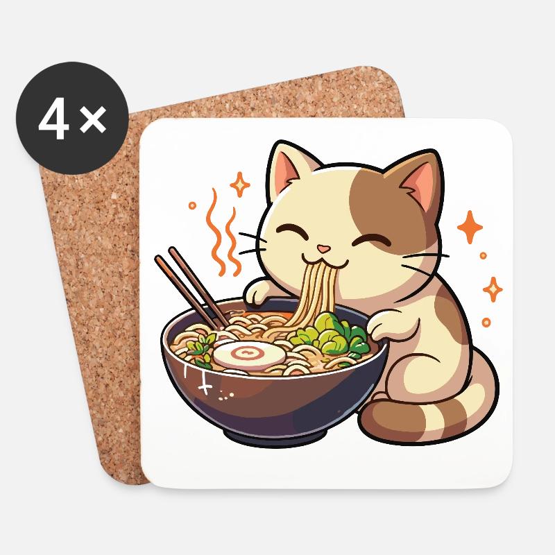 Katze mit Nudeln Ramen kawaii Katze - Untersetzer (4er-Set) - Weiß