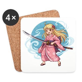 Anime Samurai Girl in Kimono with Katana - Coasters (set of 4) - white - Front