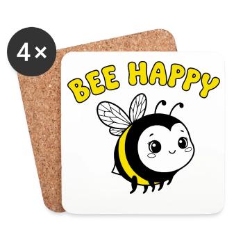 Bee Happy – Cute Cartoon Bee in Yellow Black - Coasters (set of 4) - white - Front