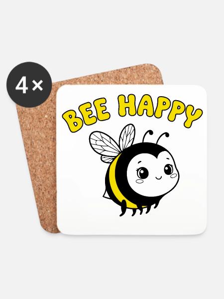 Bee Happy – Cute Cartoon Bee in Yellow Black - Coasters (set of 4) - white