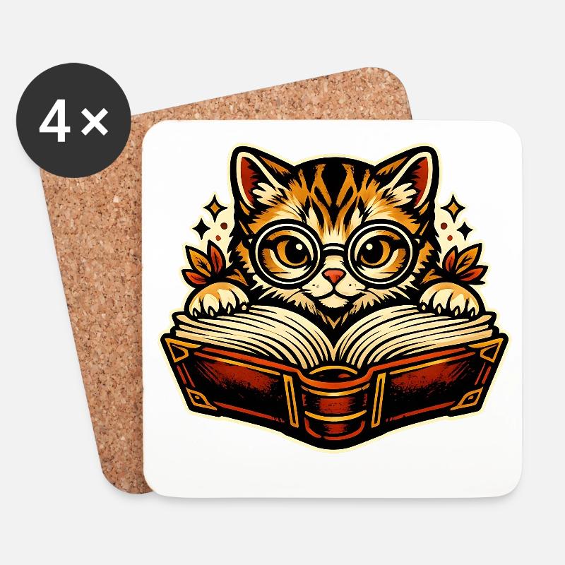 Kätzchen mit Brille beim Lesen - Untersetzer (4er-Set) - Weiß