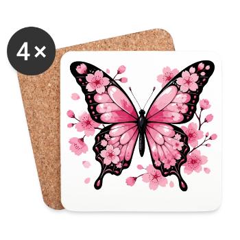 Pink butterfly in front of cherry blossoms - Coasters (set of 4) - white - Front