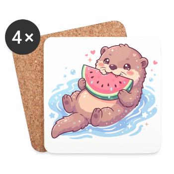La loutre Kawaii mange de la pastèque - Dessous de verre (lot de 4) - blanc - Devant