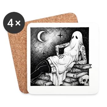 Ghost over books in the moonlight - Coasters (set of 4) - white - Front