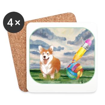 Watercolor Dog with Ball - Coasters (set of 4) - white - Front