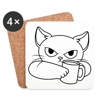 Chat de mauvaise humeur avec tasse - Dessous de verre (lot de 4) - blanc - Devant