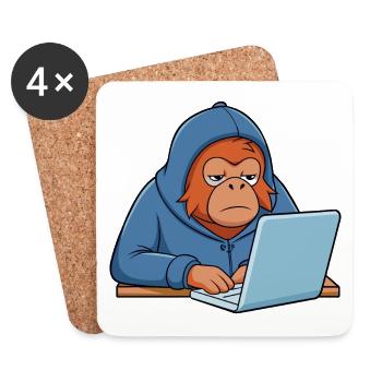 Cute hacker orangutan in a hoodie in front of the PC - Coasters (set of 4) - white - Front
