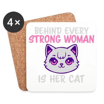 Behind Every Strong Woman Is Her Cat Spruch Katze - Untersetzer (4er-Set) - Weiß - Vorne
