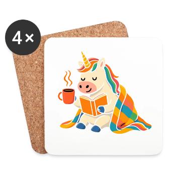 Süßes gemütliches Einhorn Lesen und Kaffee T-Shirt - Untersetzer (4er-Set) - Weiß - Vorne