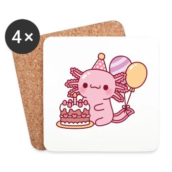 Cute Axolotl With Birthday Cake and Balloons - Coasters (set of 4) - white - Front