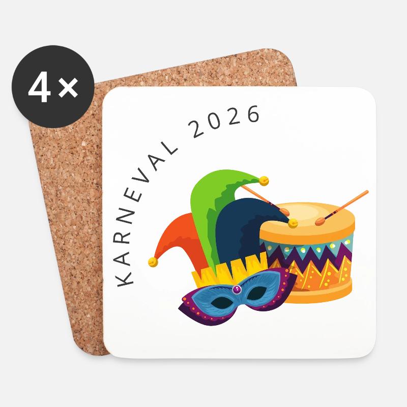 Karneval 2026 – Maske & Trommel buntes Design - Untersetzer (4er-Set) - Weiß